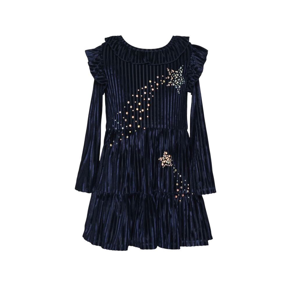 Shooting Stars Long Sleeve Velour Party Dress in Navy